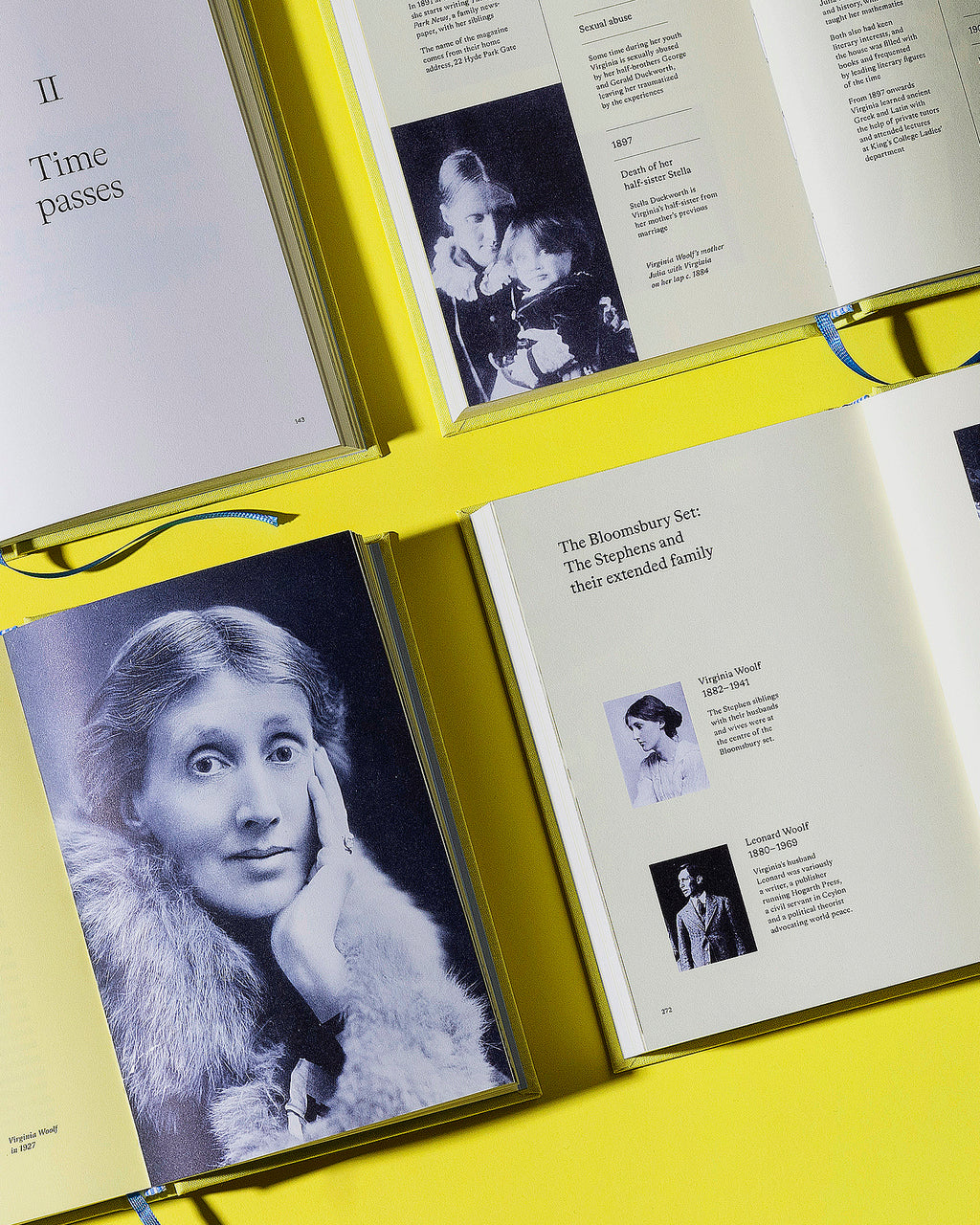 Virginia Woolf's To the Lighthouse book by published by Aatos Editions. Views of the inside pages of the book, showing photographs and text. The book is on a bright yellow background.