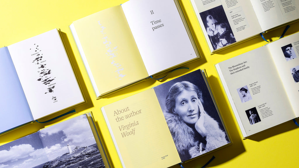 Virginia Woolf's To the Lighthouse book by published by Aatos Editions. Inner pages showing photos and test, and the beautiful design of the book.