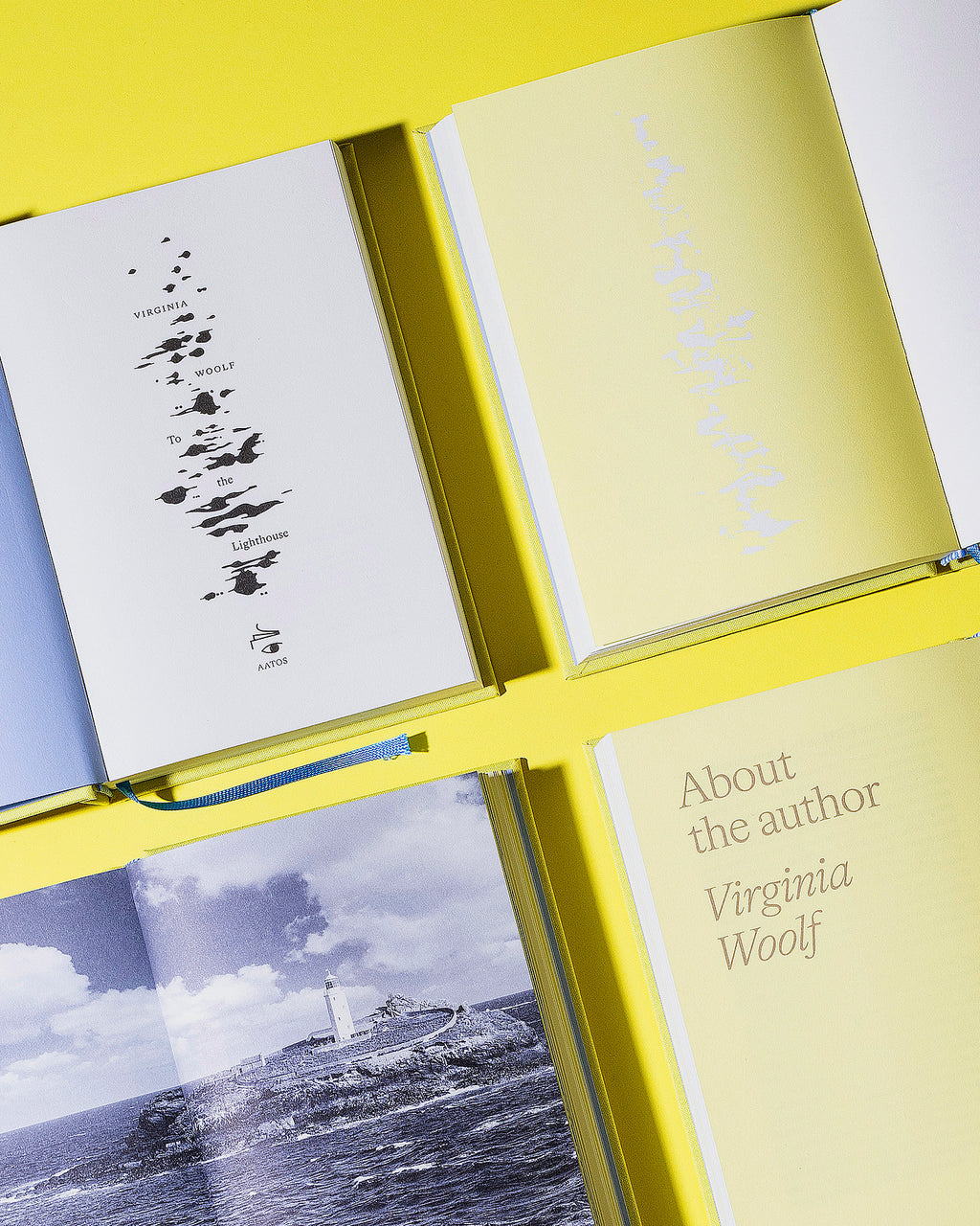 Virginia Woolf's To the Lighthouse book by published by Aatos Editions. Views of the inside pages of the book, showing photographs and text. The book is on a bright yellow background.